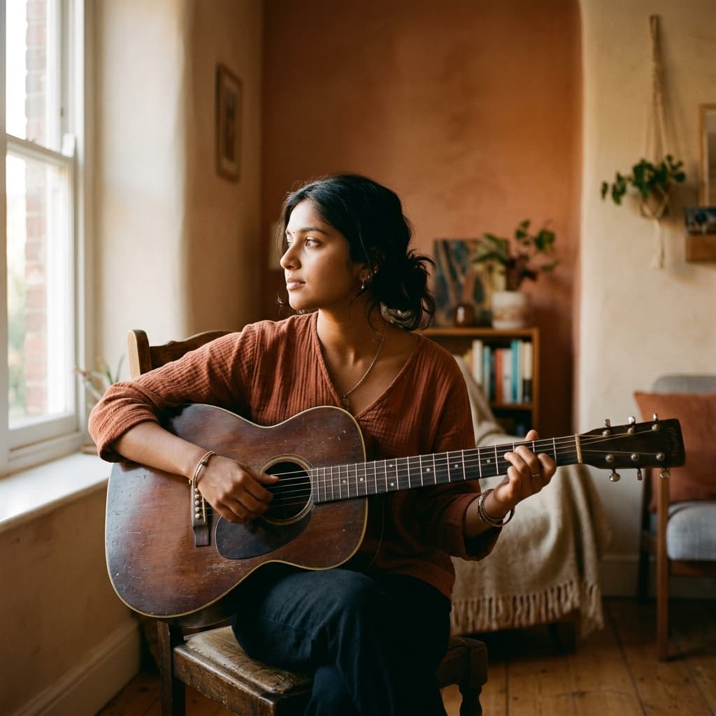 A singer-songwriter playing acoustic guitar in warm natural window light